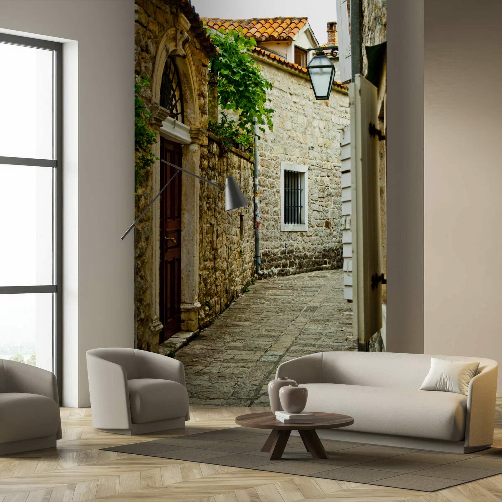 Papier peint ancienne rue pavée en été