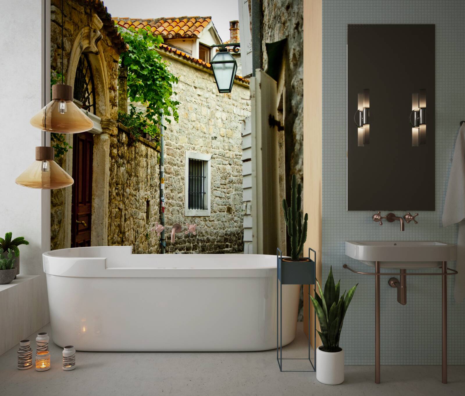 Papier peint ancienne rue pavée en été