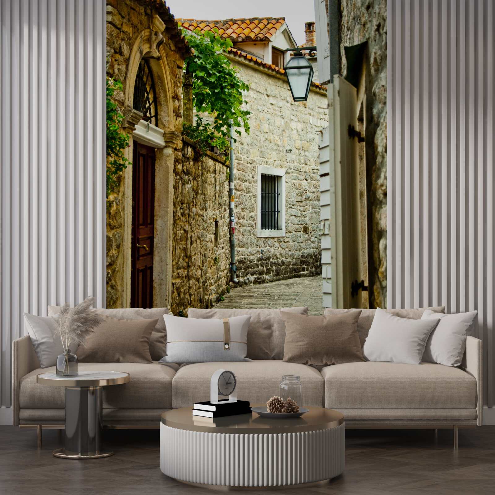 Papier peint ancienne rue pavée en été