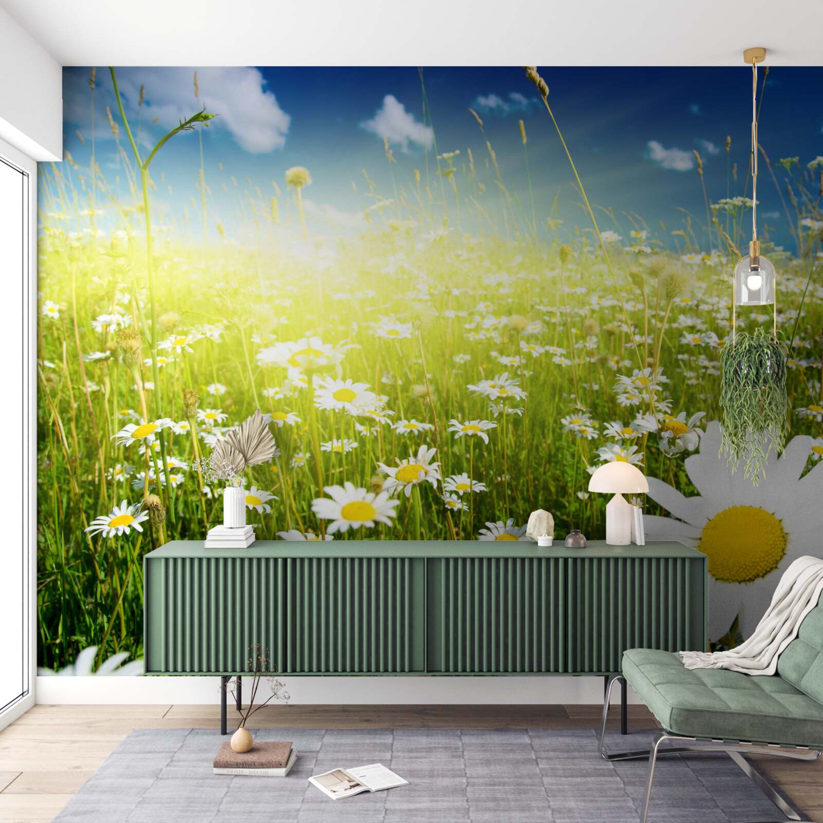 Papier peint une prairie couverte de marguerites à l'aube