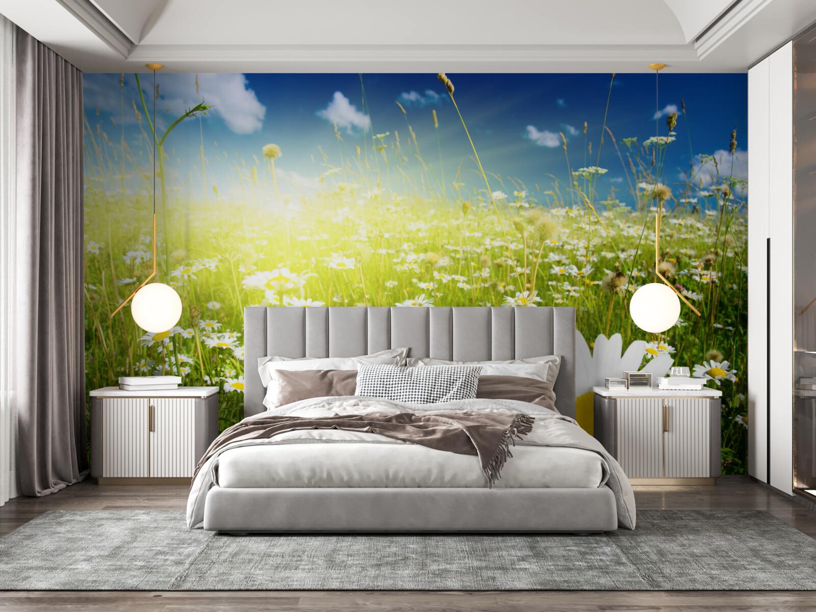 Papier peint une prairie couverte de marguerites à l'aube