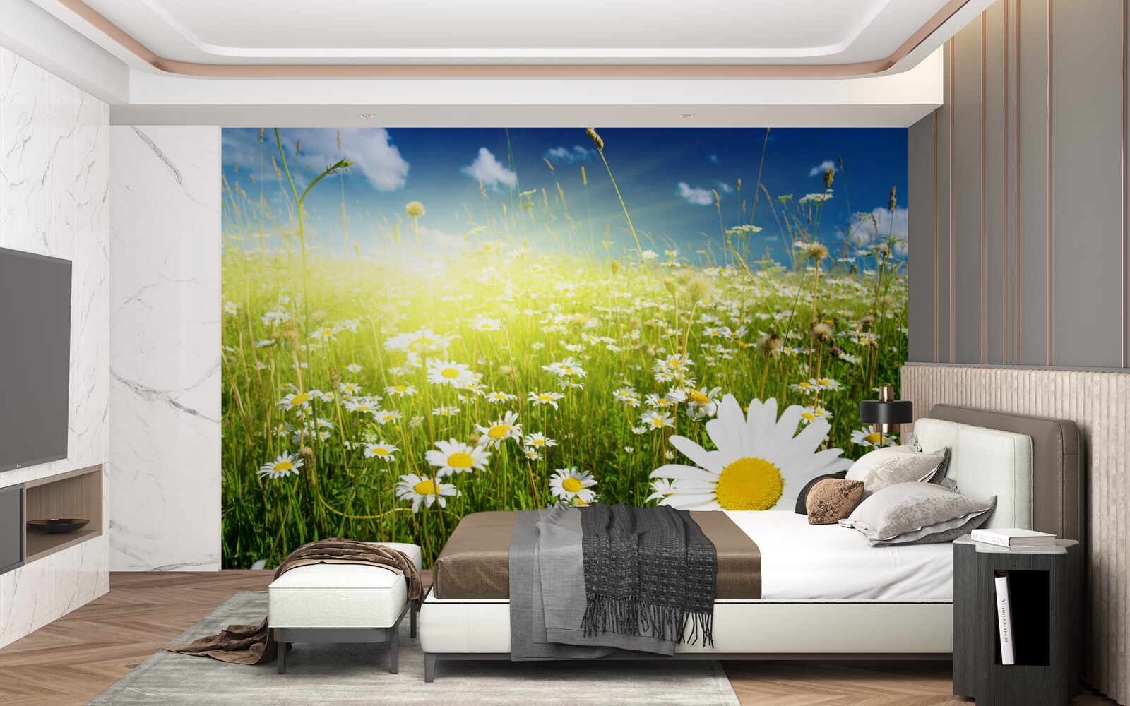 Papier peint une prairie couverte de marguerites à l'aube