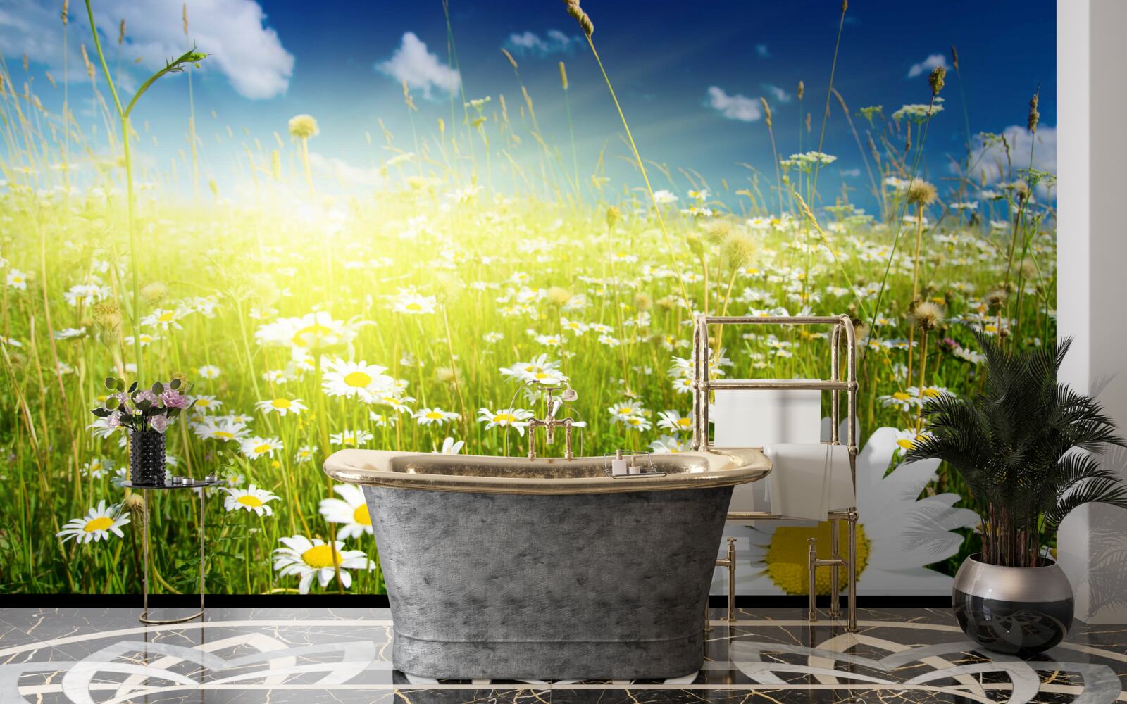 Papier peint une prairie couverte de marguerites à l'aube