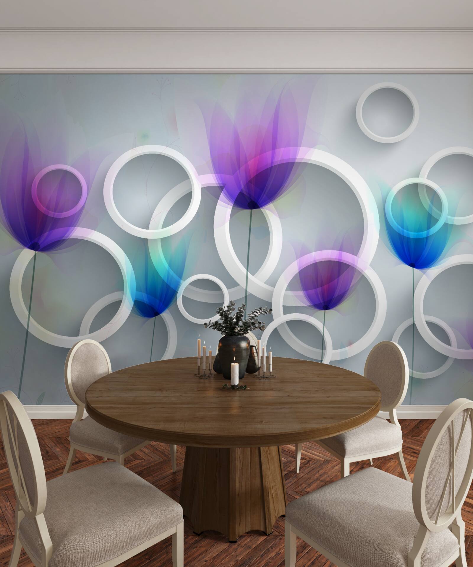 Papier peint Fleurs de coquelicots et cercles abstraits en arrière-plan