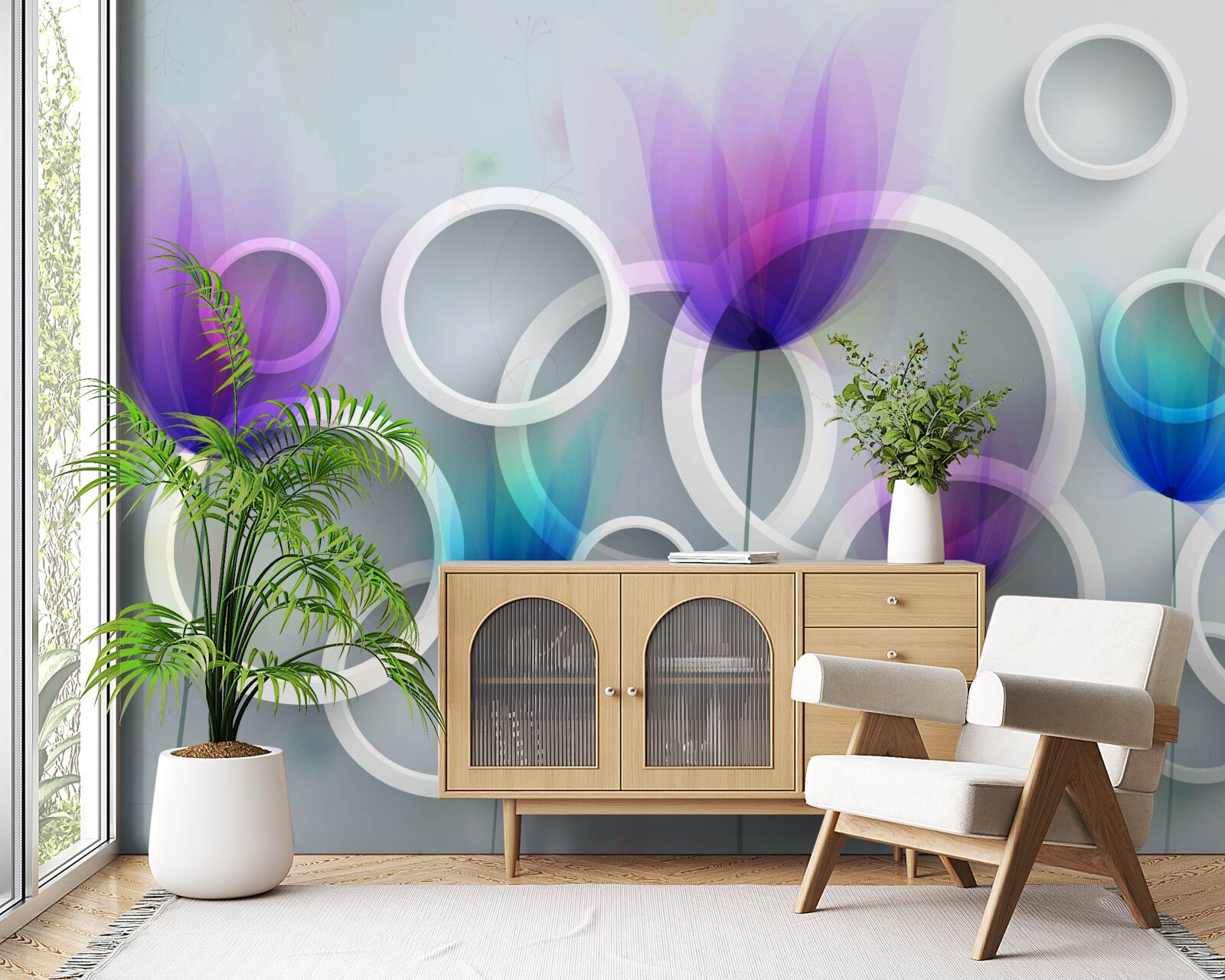 Papier peint Fleurs de coquelicots et cercles abstraits en arrière-plan