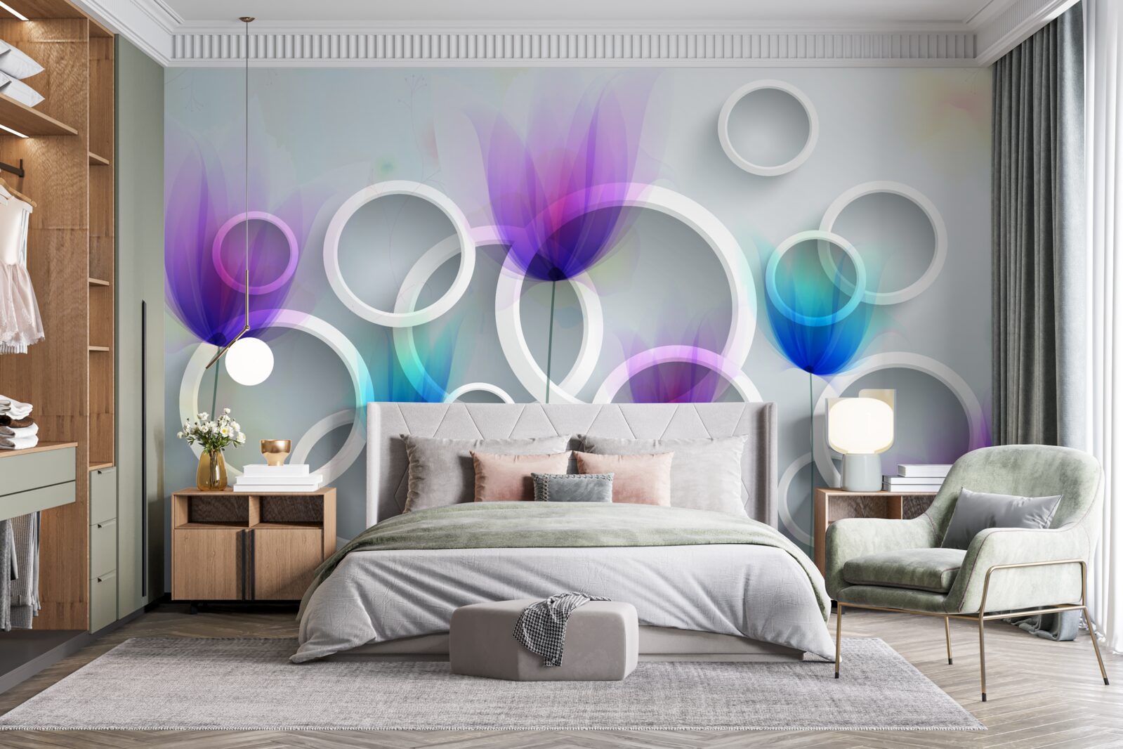 Papier peint Fleurs de coquelicots et cercles abstraits en arrière-plan