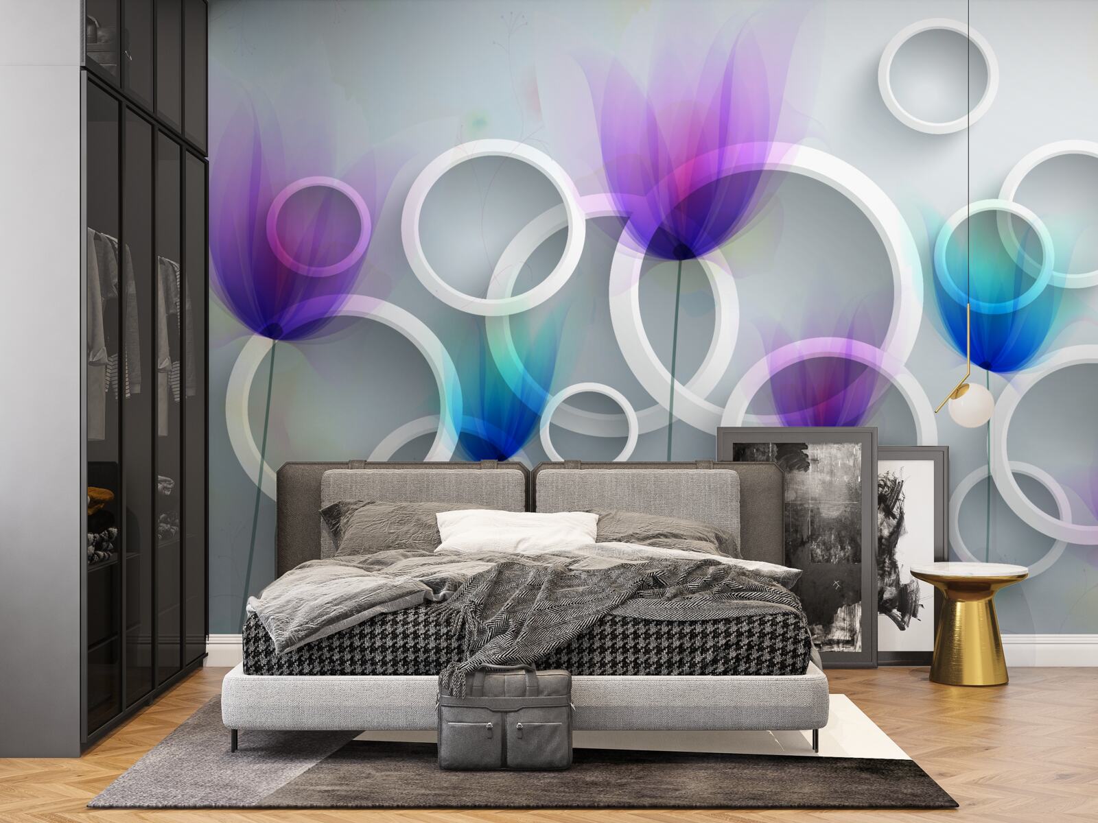 Papier peint Fleurs de coquelicots et cercles abstraits en arrière-plan