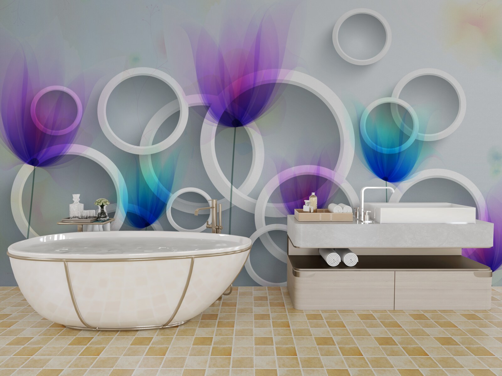 Papier peint Fleurs de coquelicots et cercles abstraits en arrière-plan