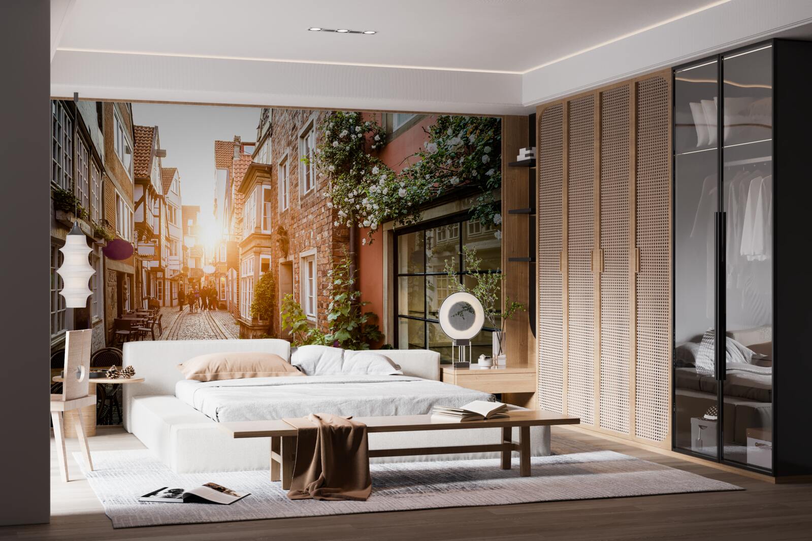 Papier peint lever de soleil pittoresque dans une ville ancienne