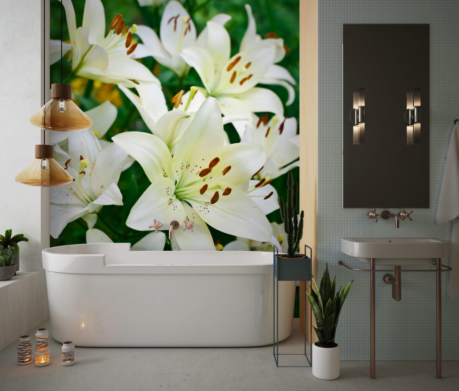 Papier peint gros bourgeons de lys blanc