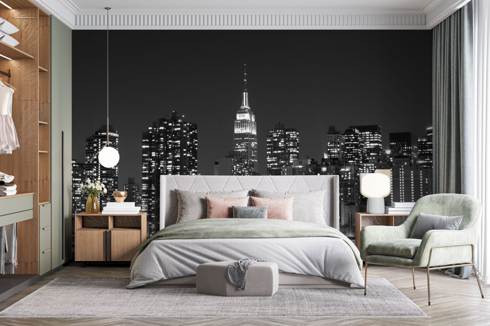 Papier peint la ville la nuit, éclairée par des lumières