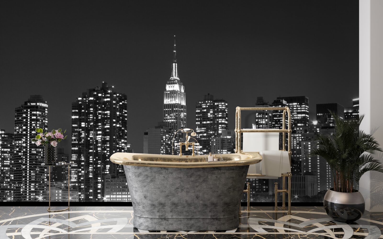 Papier peint la ville la nuit, éclairée par des lumières