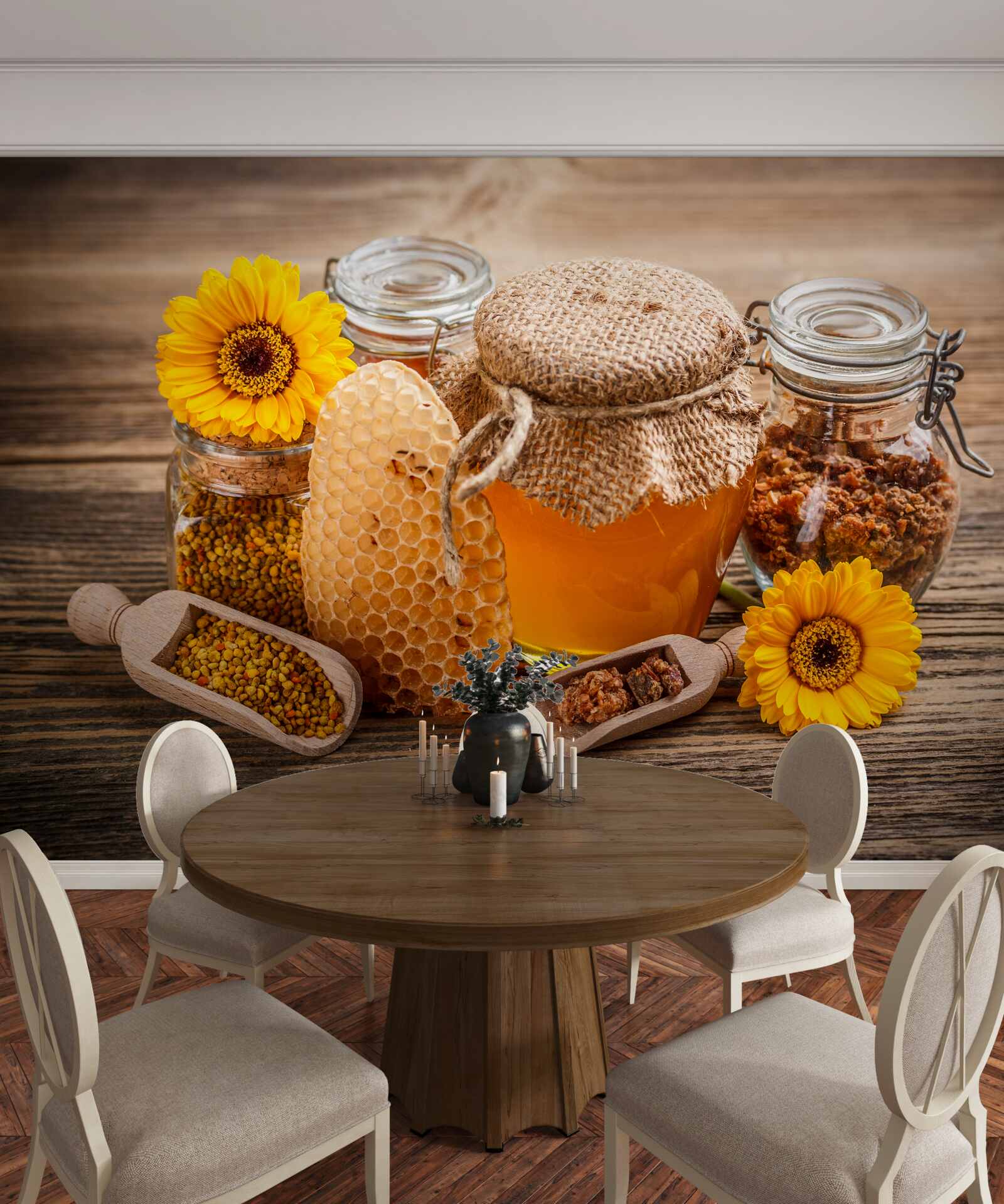 Papier peint le miel et ses ingrédients sur la table