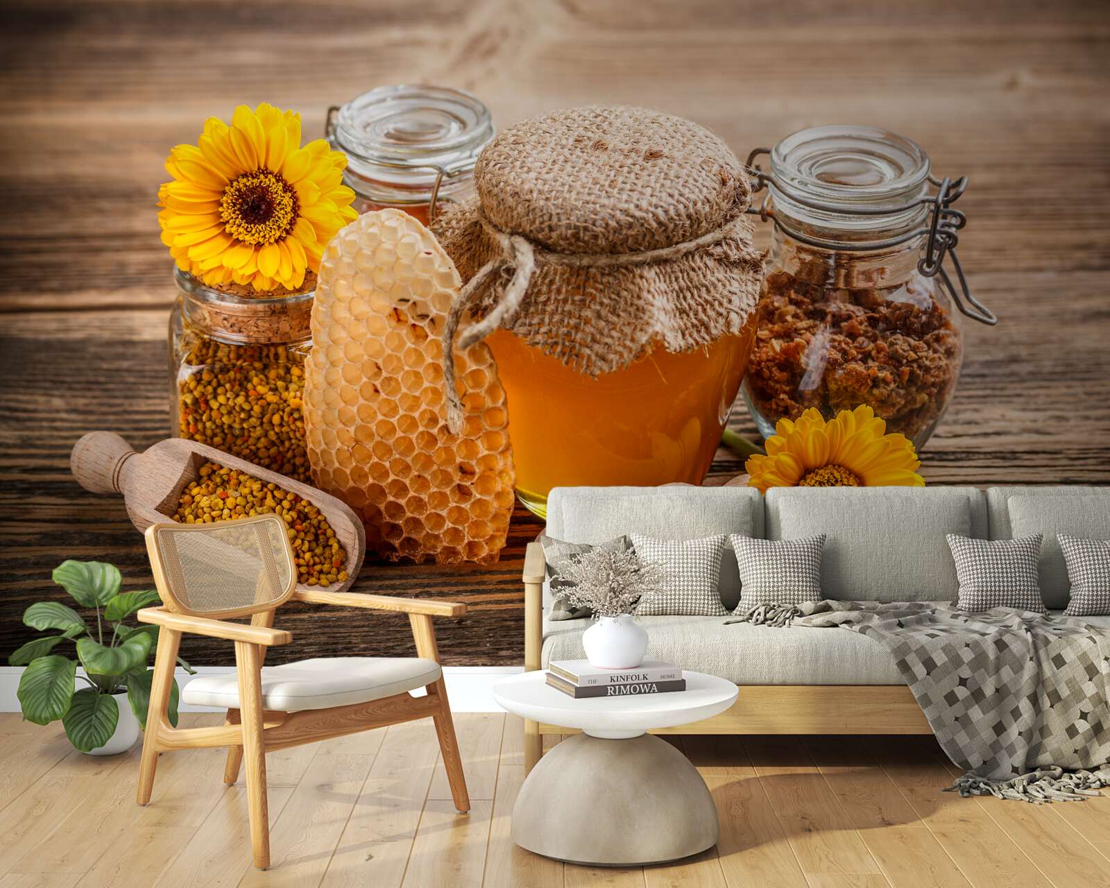 Papier peint le miel et ses ingrédients sur la table