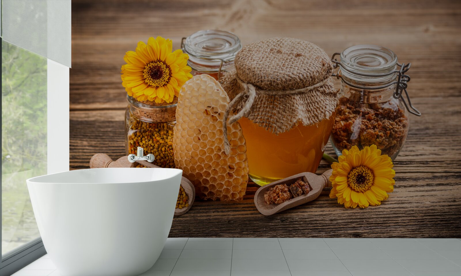 Papier peint le miel et ses ingrédients sur la table