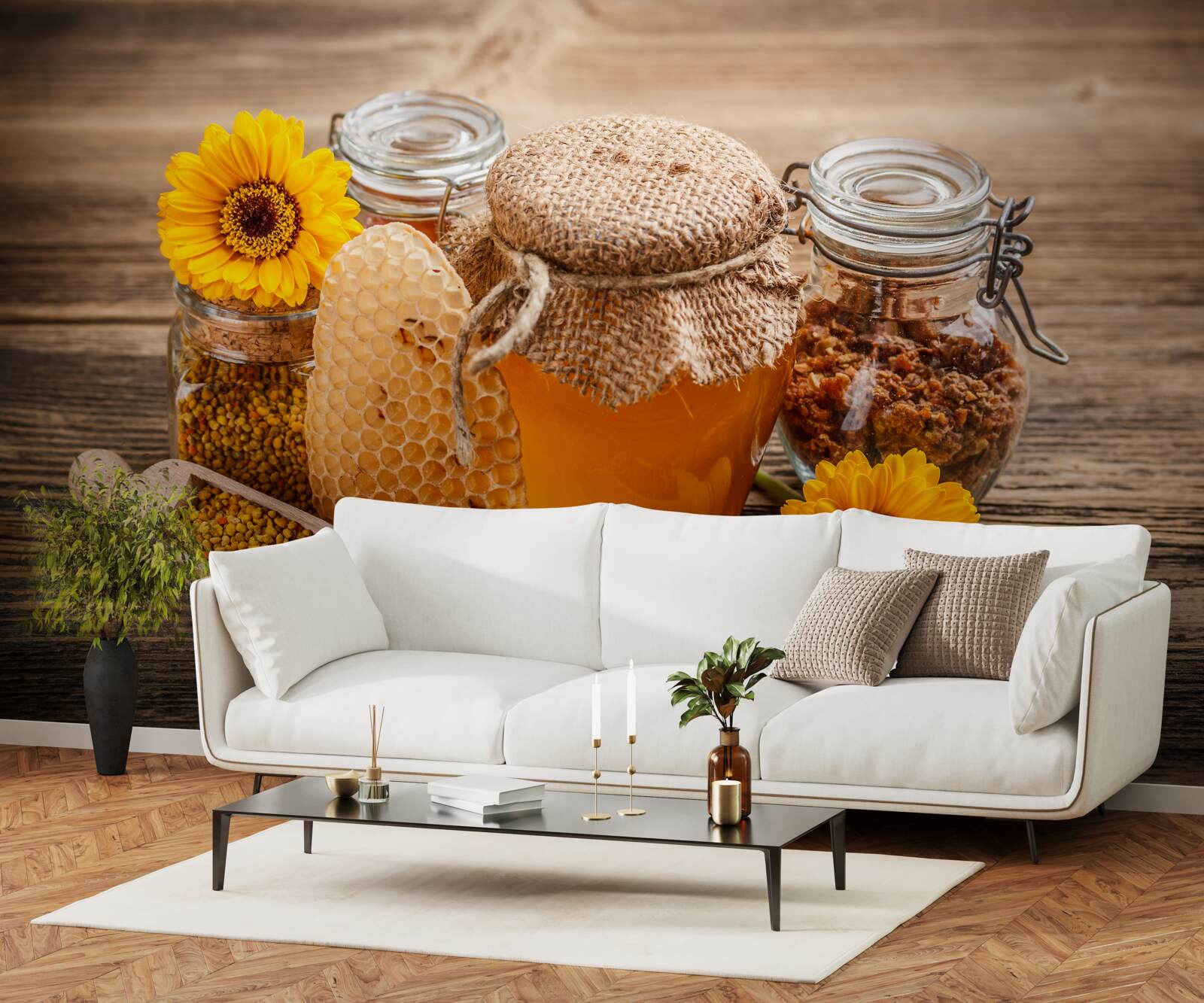 Papier peint le miel et ses ingrédients sur la table