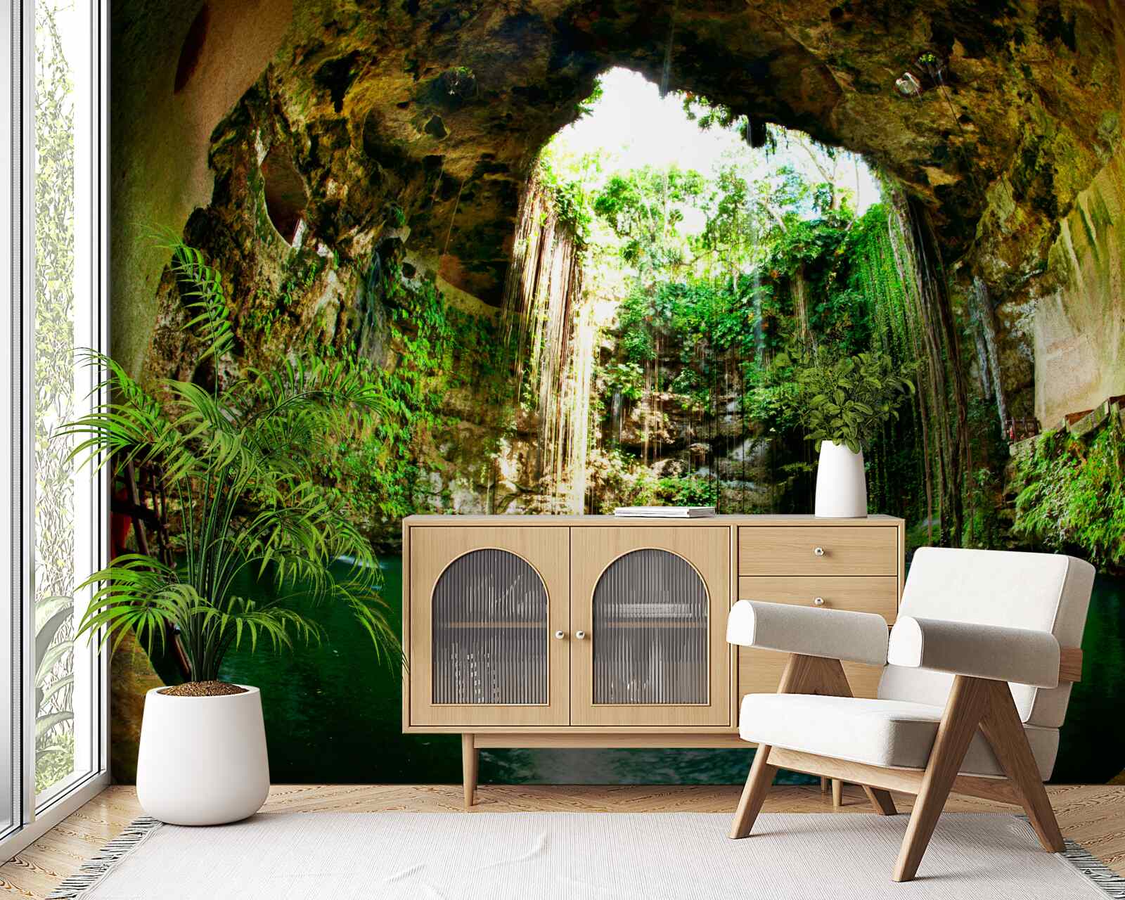 Papier peint chute d'eau dans une grotte de montagne