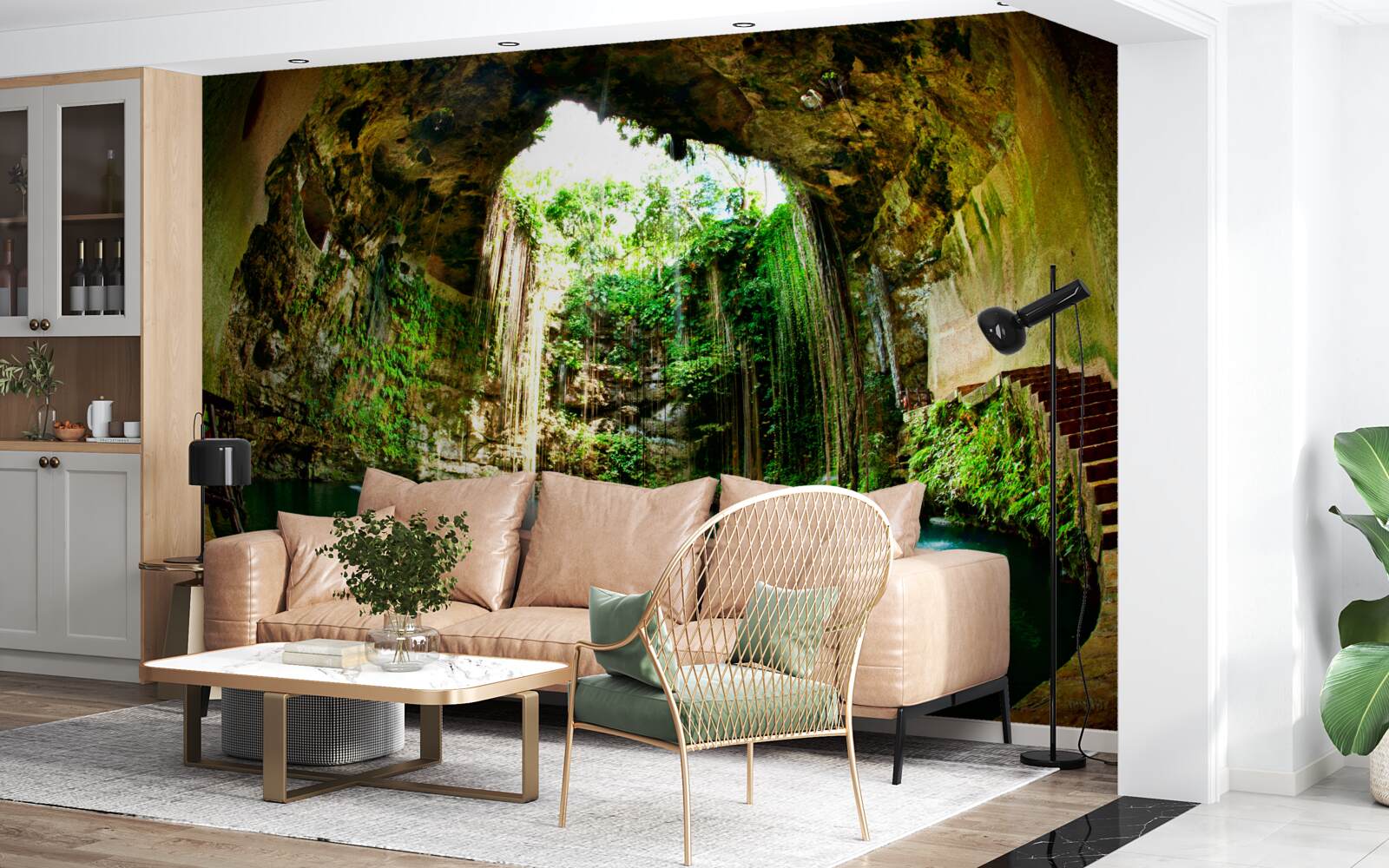 Papier peint chute d'eau dans une grotte de montagne