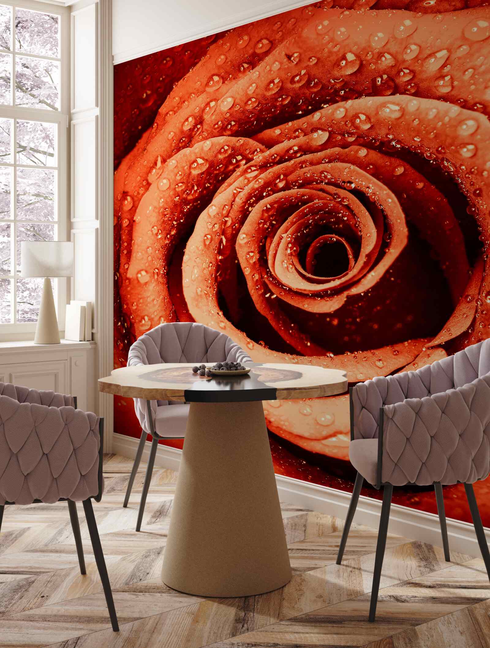 Papier peint gouttes de rosée sur un pétale de rose écarlate