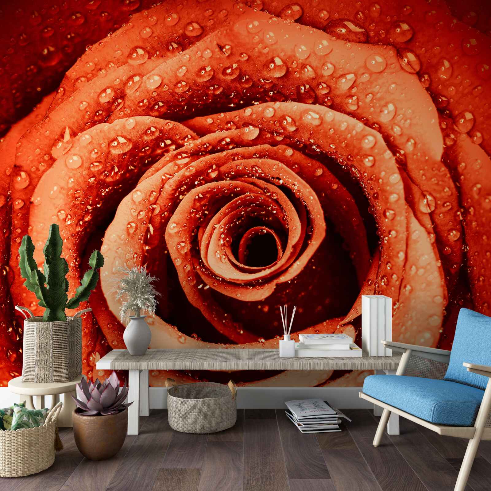 Papier peint gouttes de rosée sur un pétale de rose écarlate