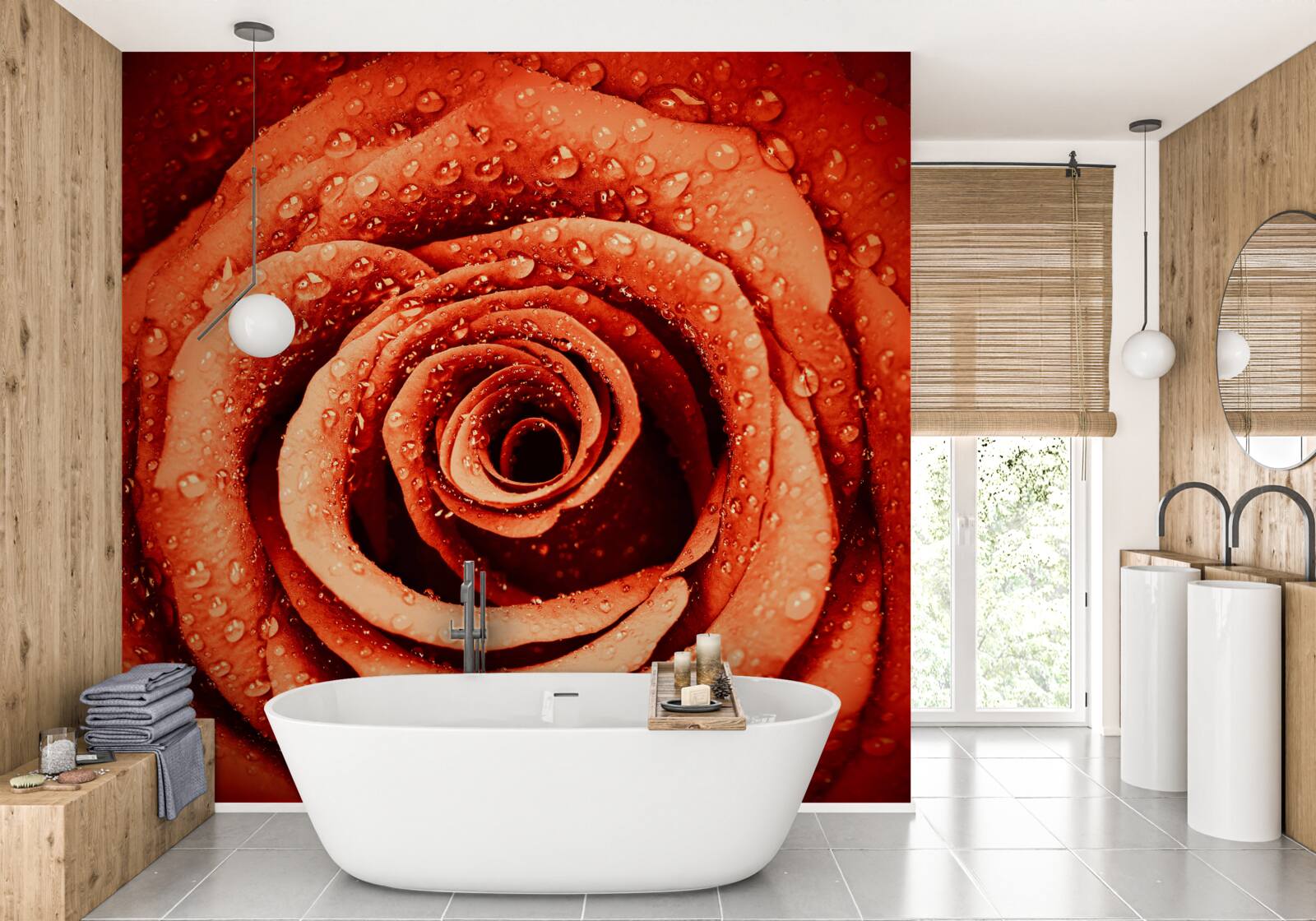 Papier peint gouttes de rosée sur un pétale de rose écarlate