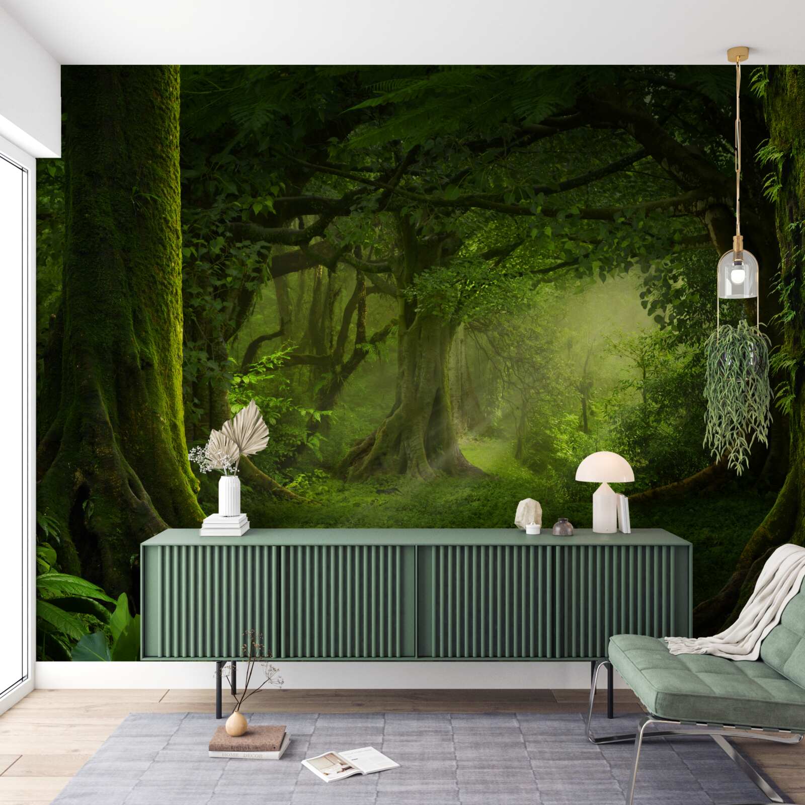 Papier peint les rayons du soleil pénètrent les arbres touffus de la forêt