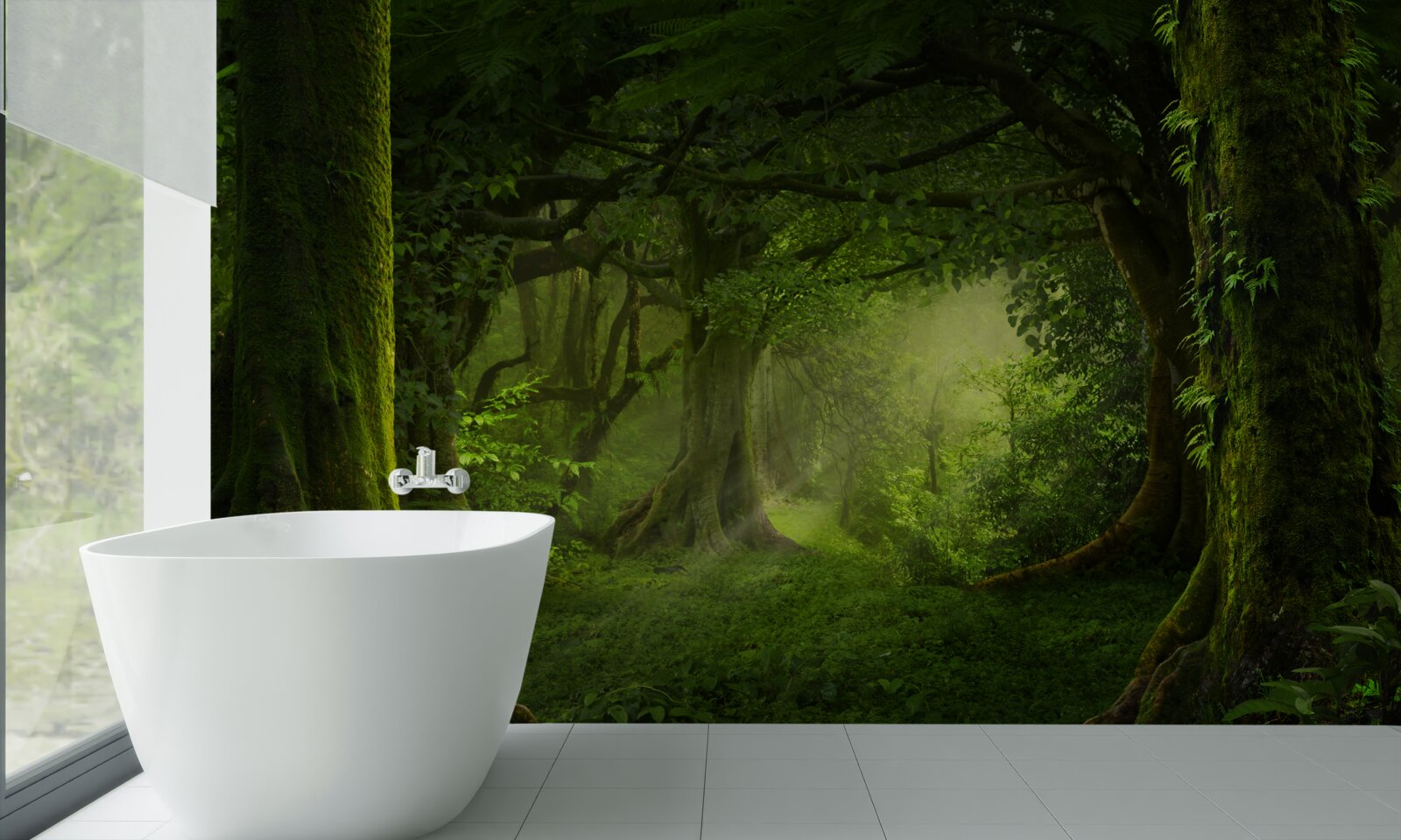 Papier peint les rayons du soleil pénètrent les arbres touffus de la forêt