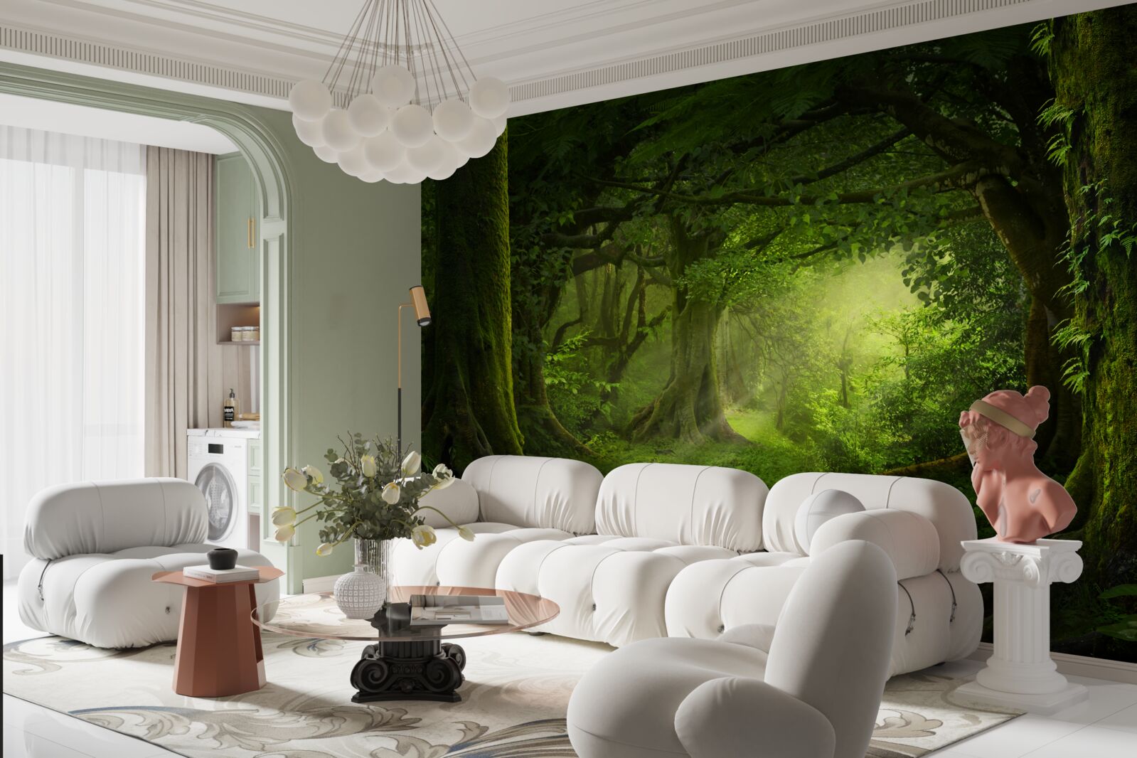 Papier peint les rayons du soleil pénètrent les arbres touffus de la forêt