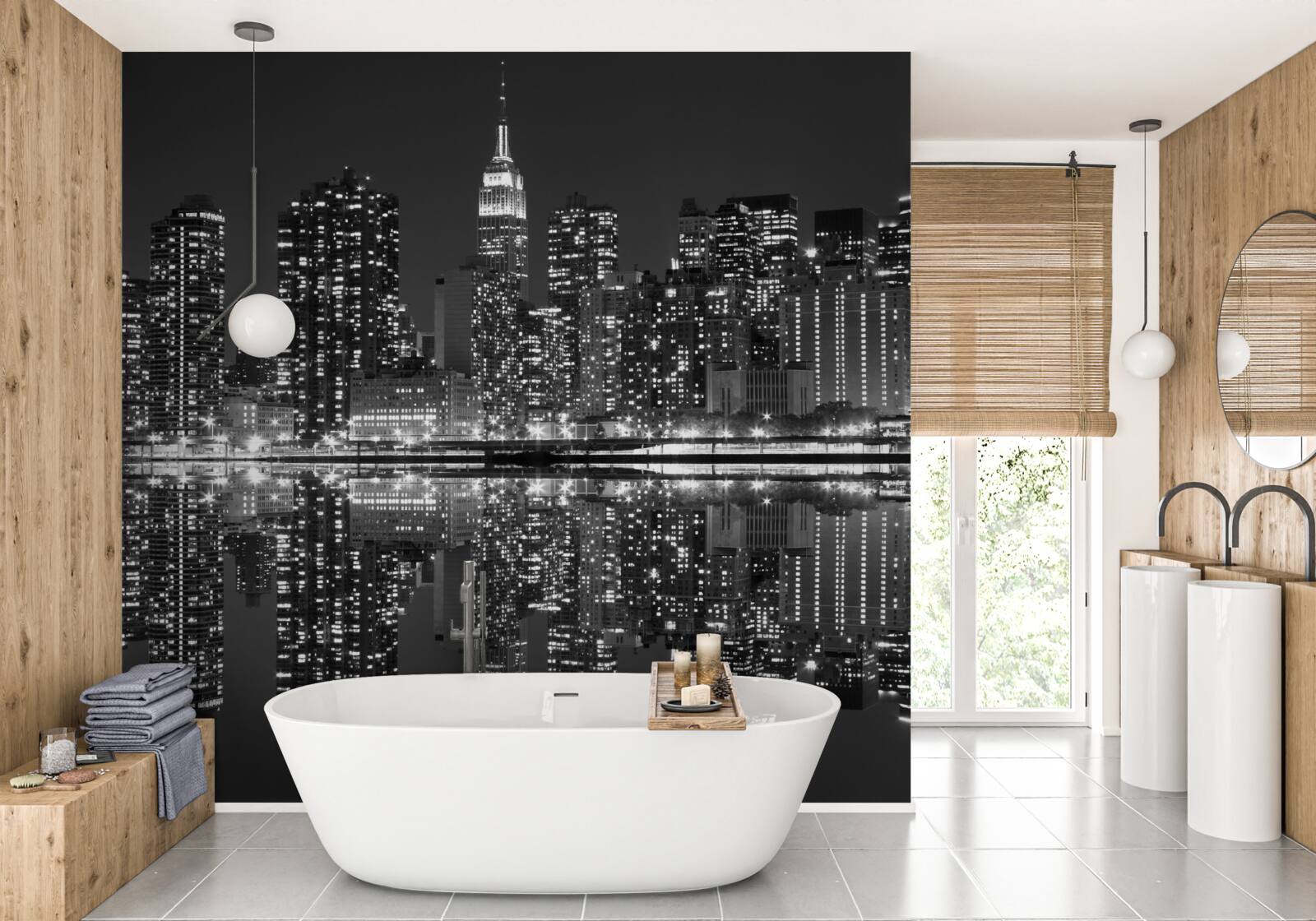 Papier peint la ligne d'horizon de la ville est visible dans les reflets de l'eau