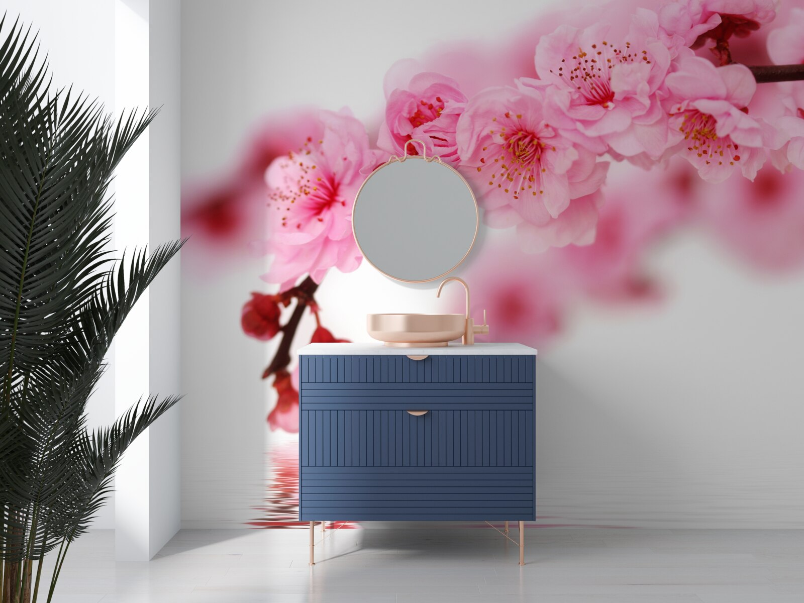 Papier peint La branche rose de sakura se trouve près de l'eau