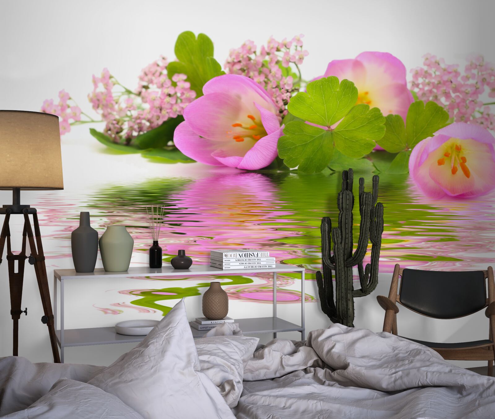 Papier peint composition gracieuse de fleurs roses à la surface de l'eau