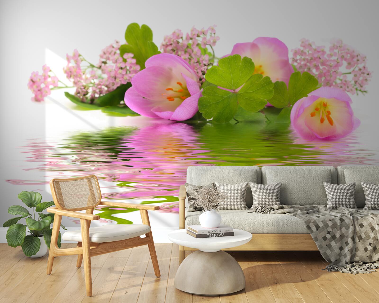 Papier peint composition gracieuse de fleurs roses à la surface de l'eau