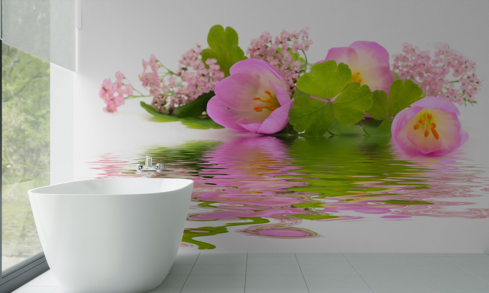 Papier peint composition gracieuse de fleurs roses à la surface de l'eau