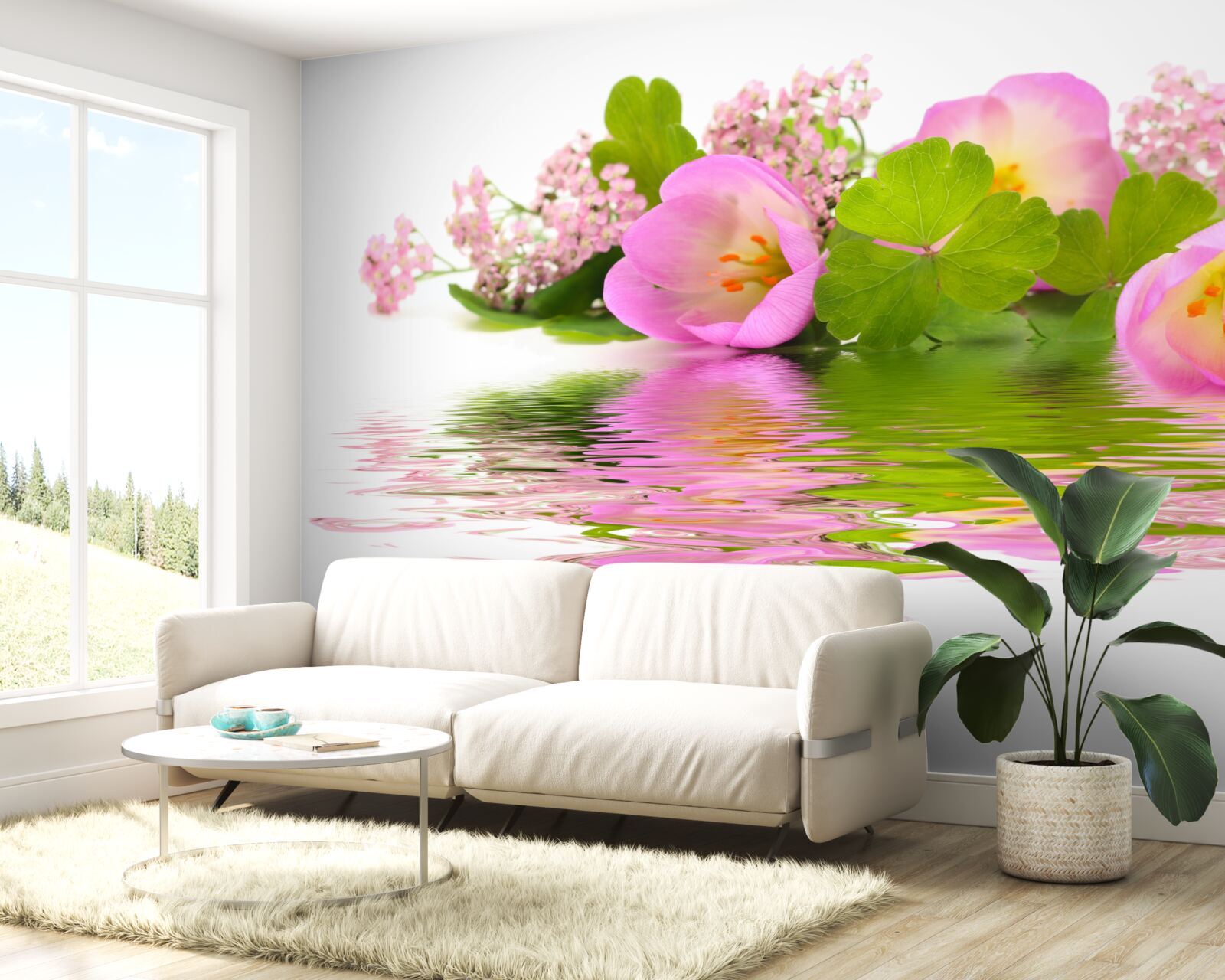 Papier peint composition gracieuse de fleurs roses à la surface de l'eau
