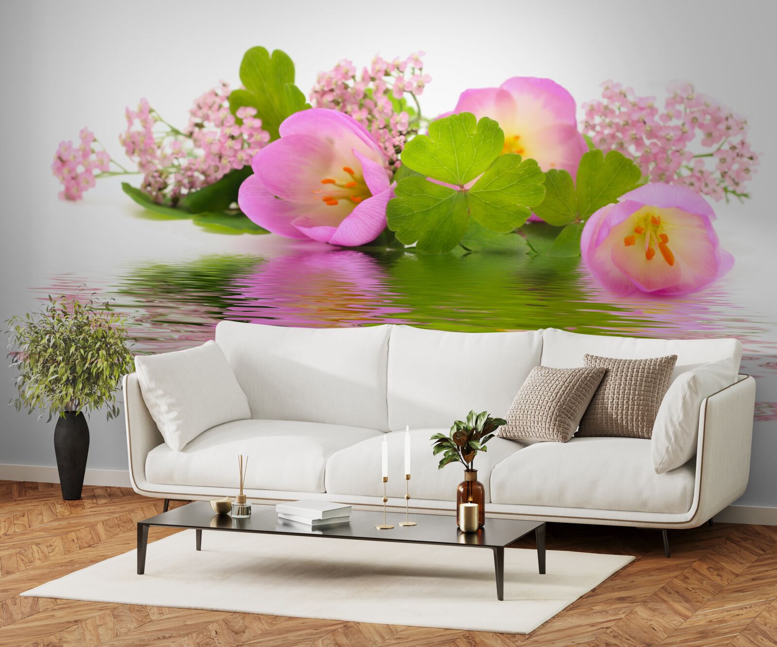 Papier peint composition gracieuse de fleurs roses à la surface de l'eau