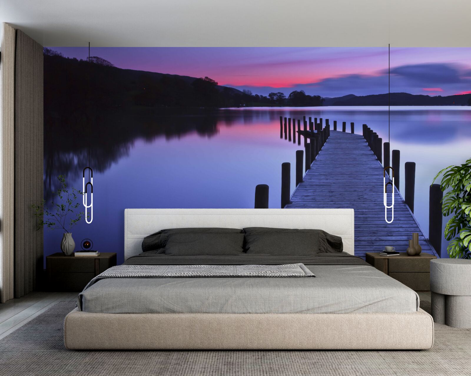 Papier peint jetée près d'un lac dans les montagnes à l'aube