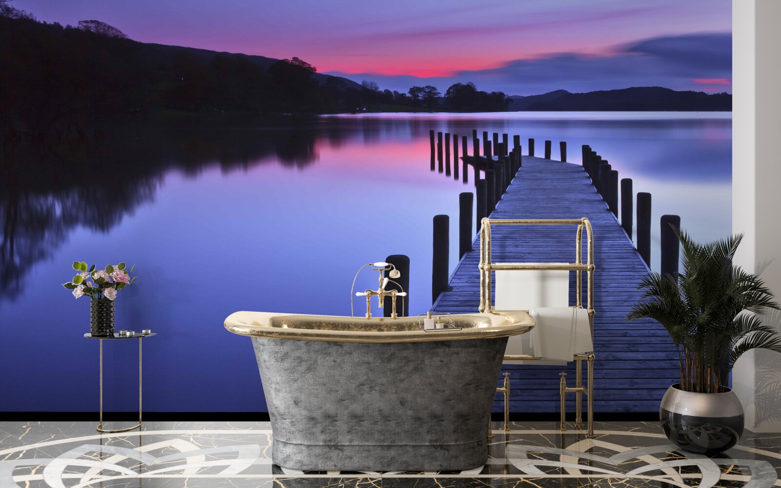 Papier peint jetée près d'un lac dans les montagnes à l'aube