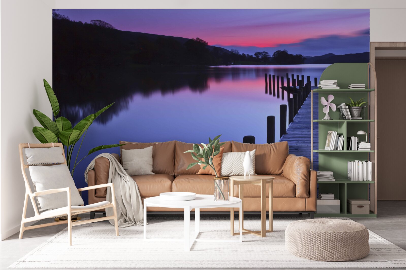 Papier peint jetée près d'un lac dans les montagnes à l'aube