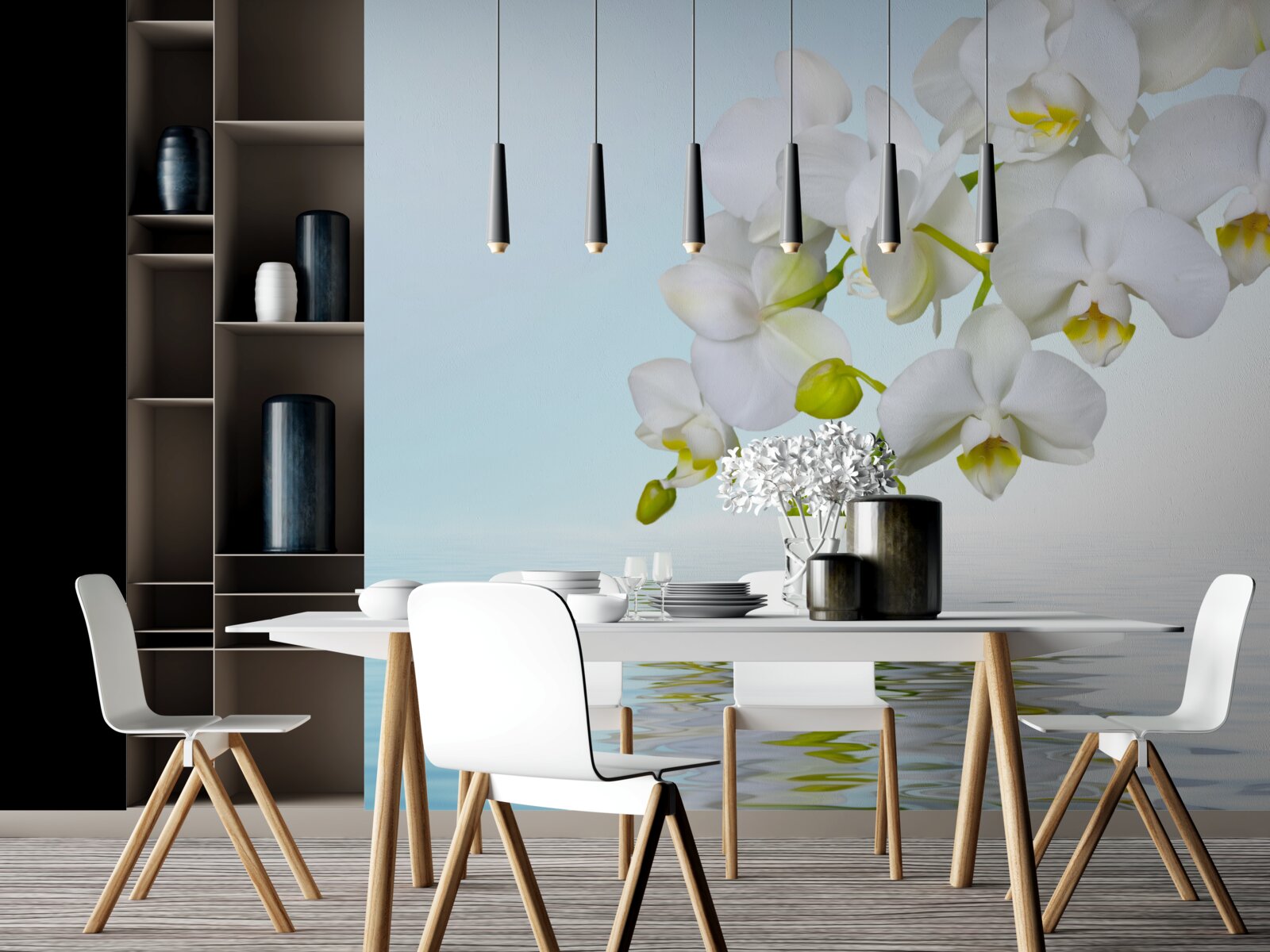 Papier peint branche d'orchidée blanche près d'une eau calme