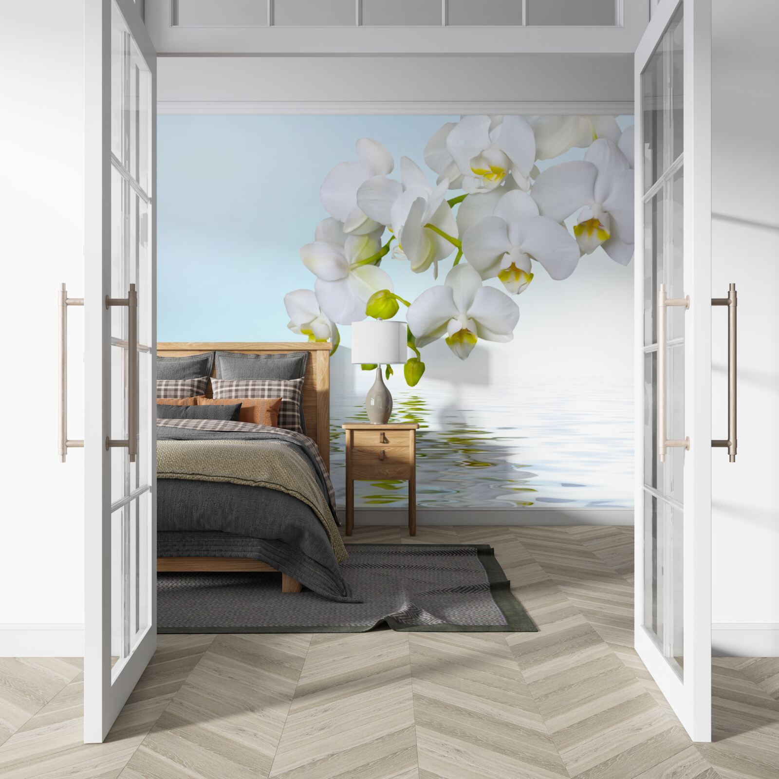 Papier peint branche d'orchidée blanche près d'une eau calme