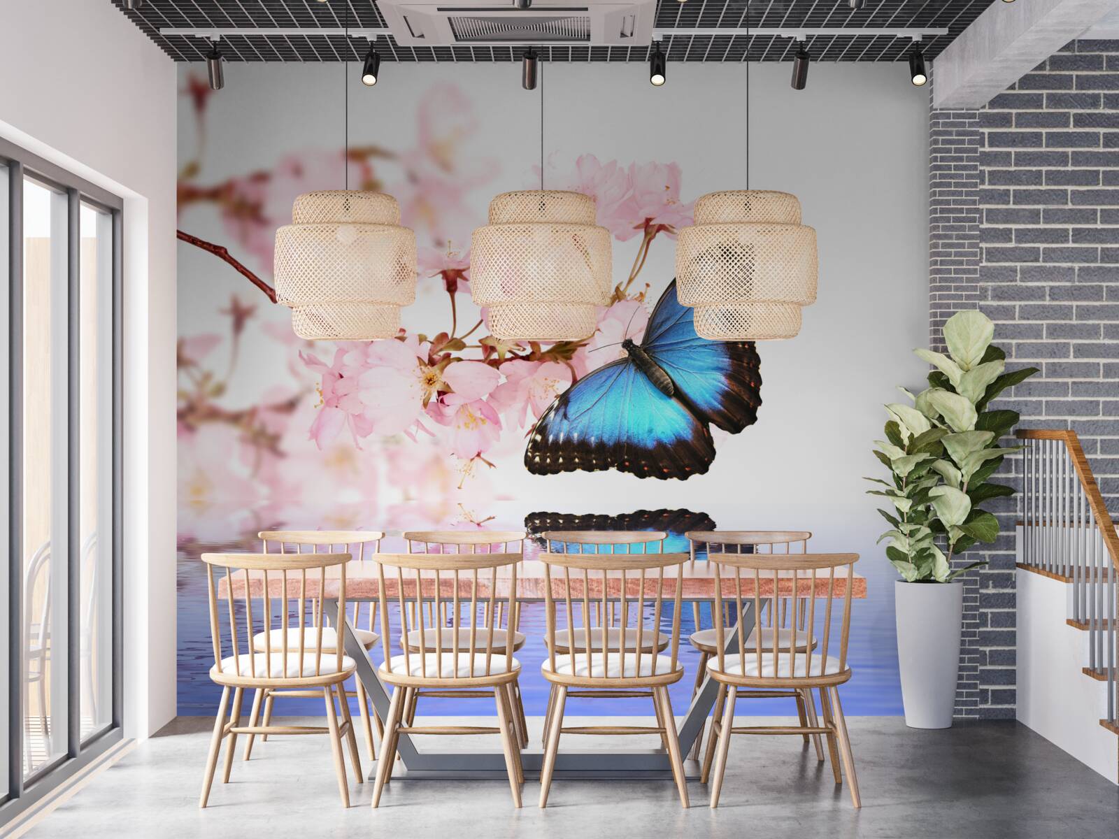 Papier peint un papillon bleu se pose sur un cerisier près de l'eau