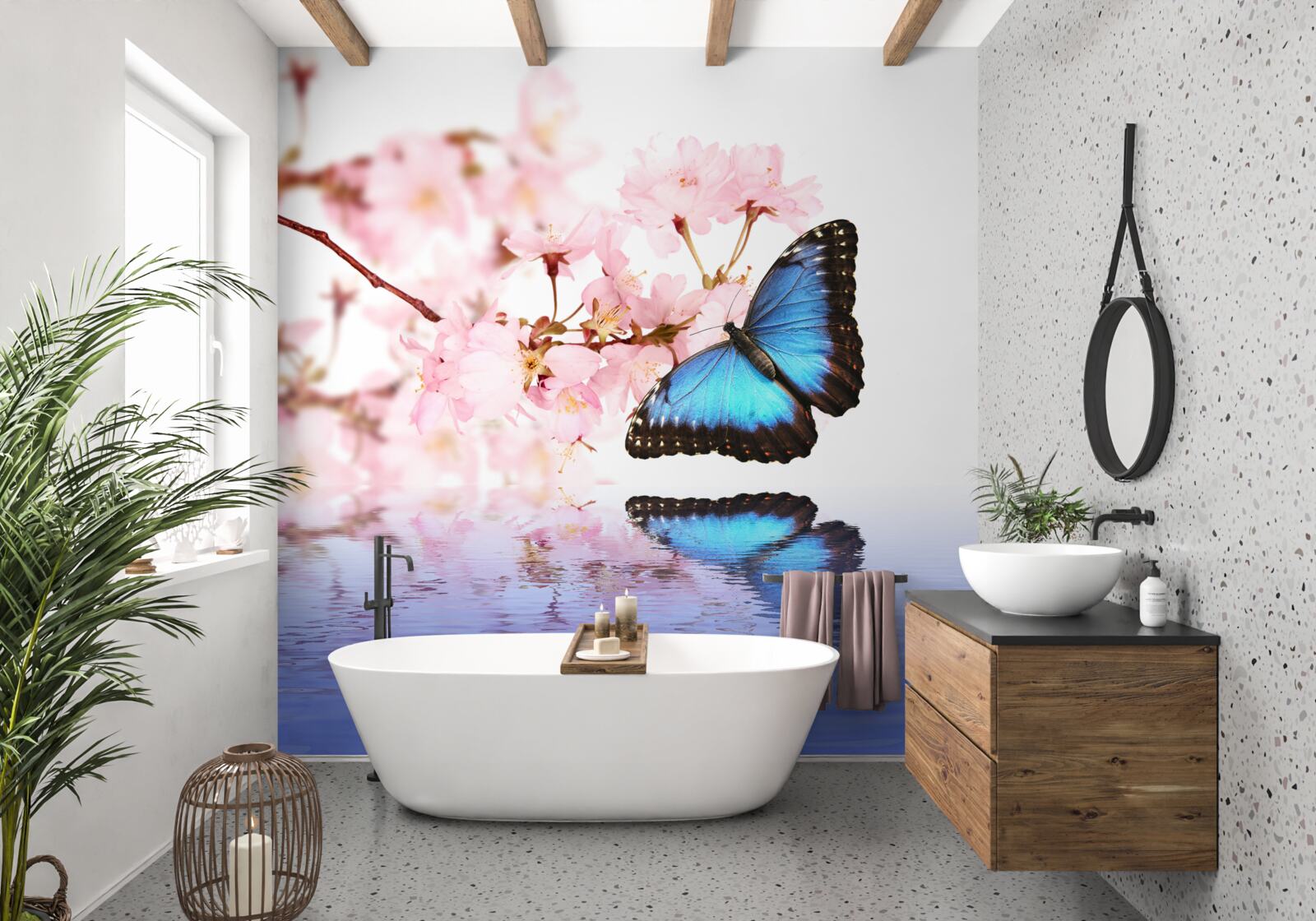 Papier peint un papillon bleu se pose sur un cerisier près de l'eau