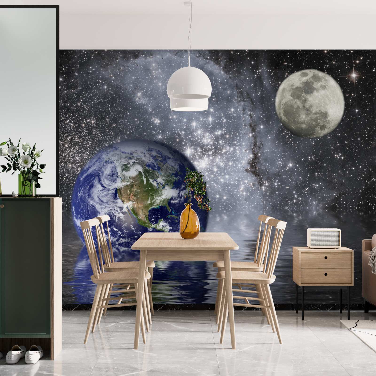 Papier peint l'eau entoure la terre et la lune dans l'espace