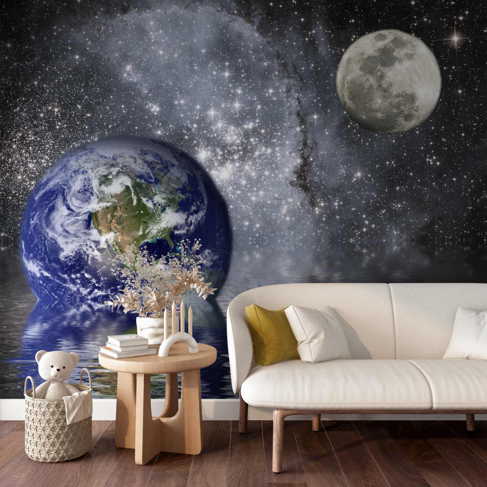 Papier peint l'eau entoure la terre et la lune dans l'espace