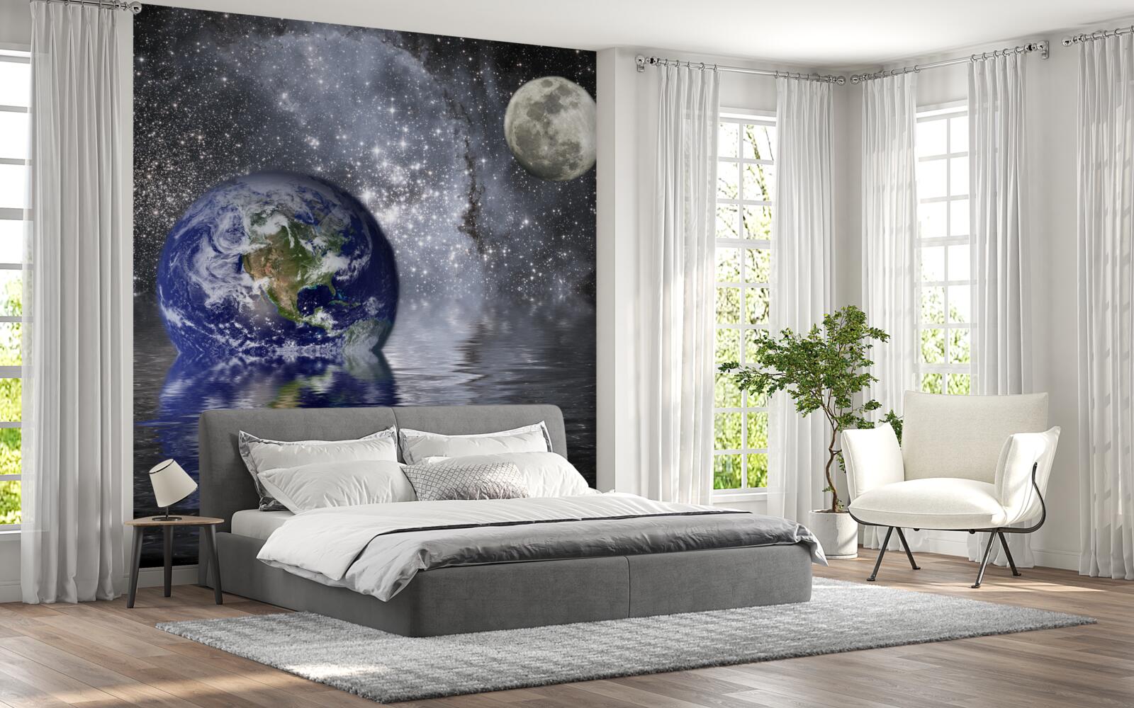 Papier peint l'eau entoure la terre et la lune dans l'espace