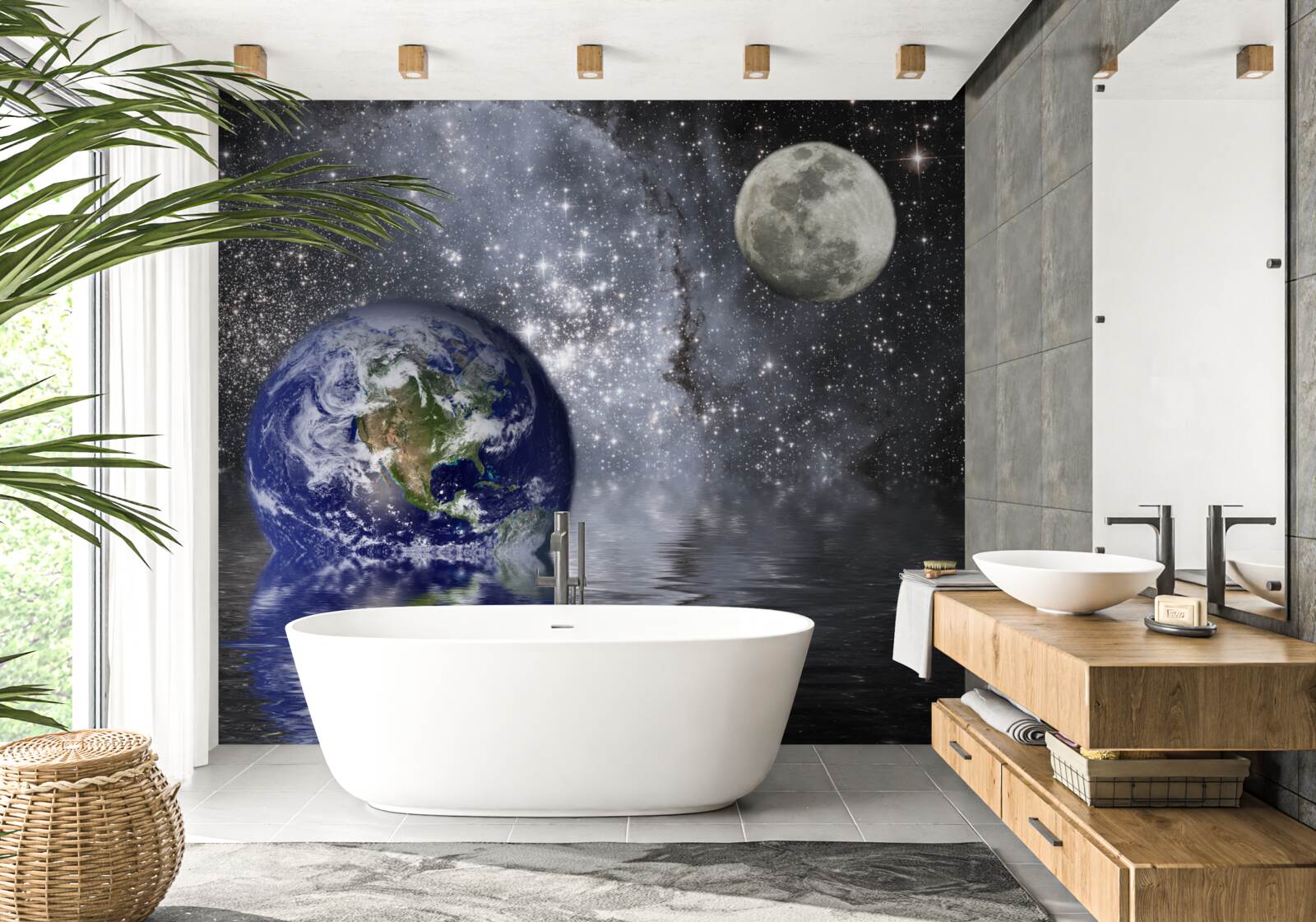 Papier peint l'eau entoure la terre et la lune dans l'espace