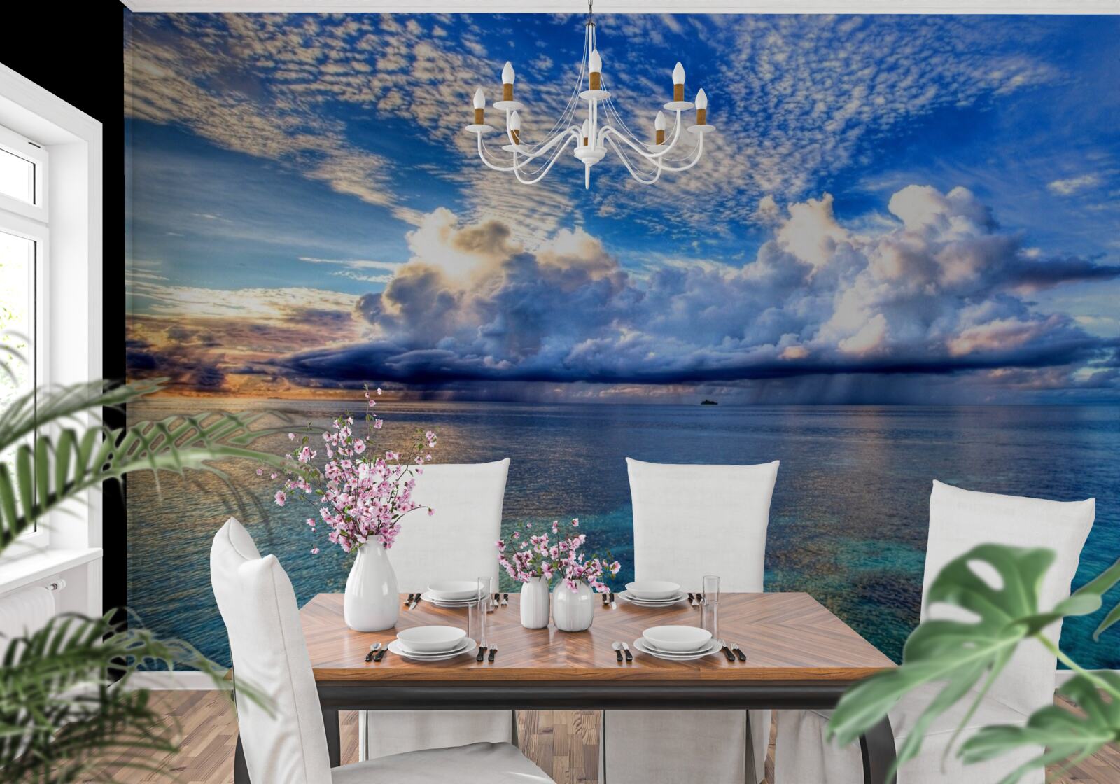 Papier peint les nuages flottent doucement sur la surface bleue de l'eau