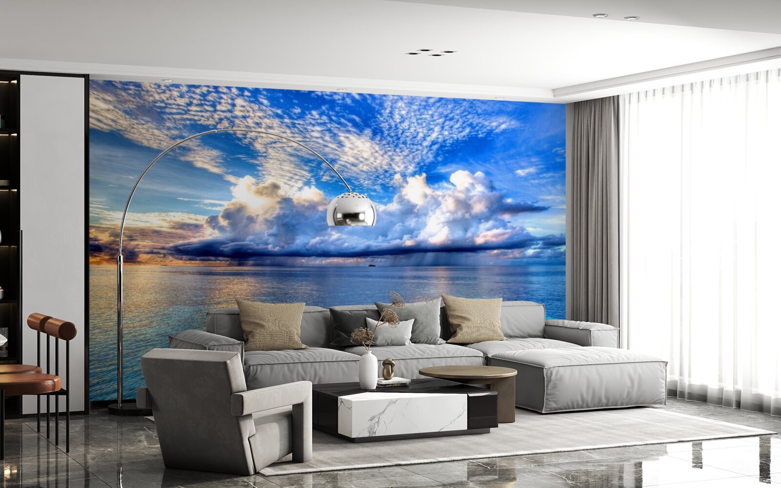 Papier peint les nuages flottent doucement sur la surface bleue de l'eau