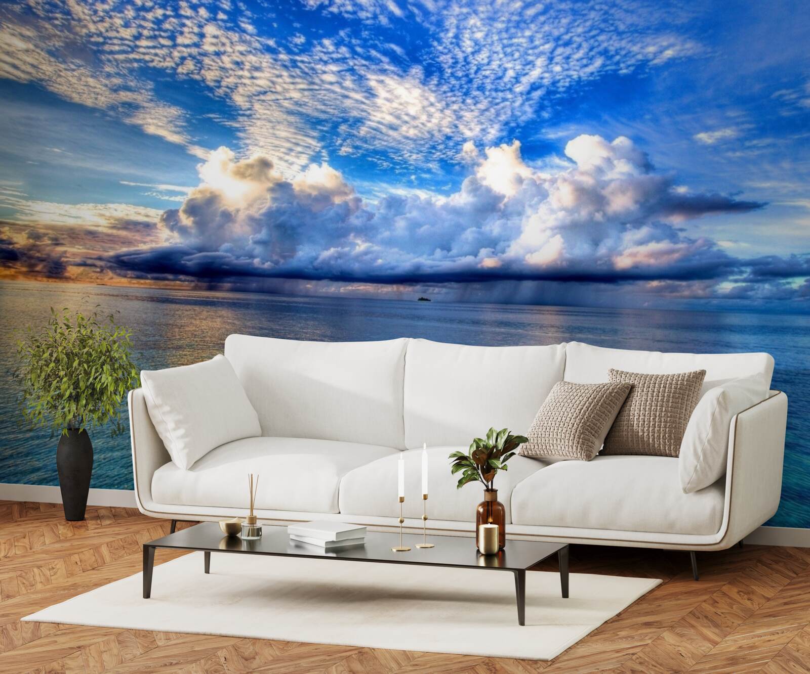 Papier peint les nuages flottent doucement sur la surface bleue de l'eau