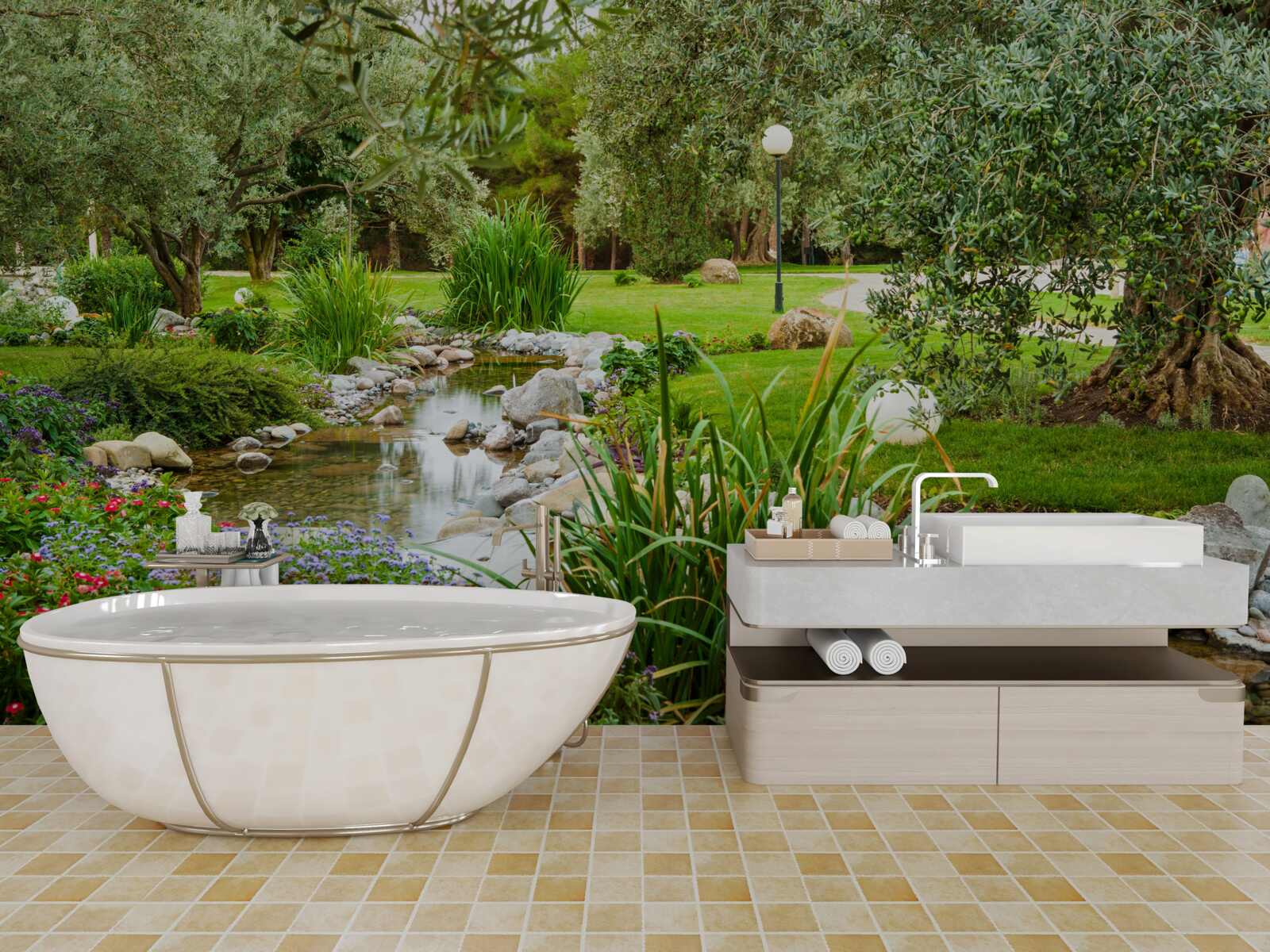 Papier peint un ruisseau qui coule dans une prairie verdoyante